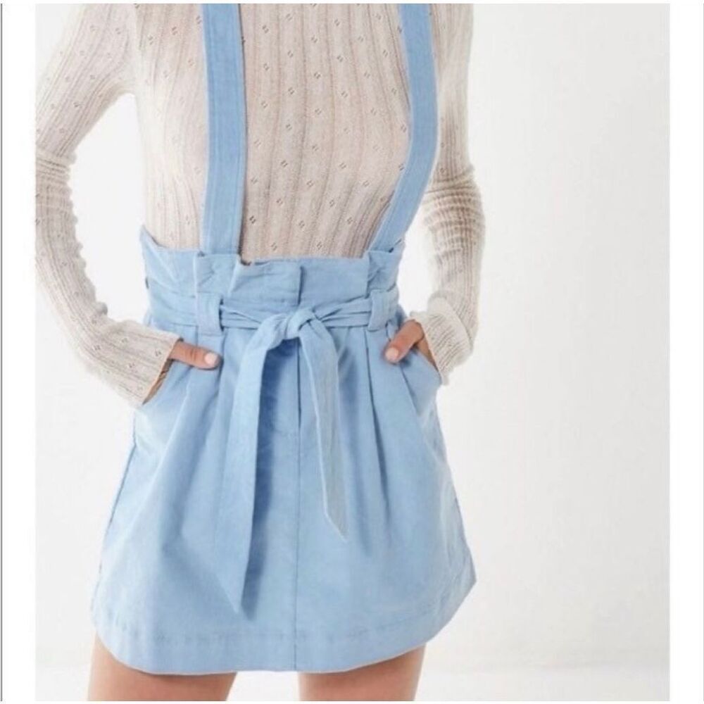 Urban Outfitters Corduroy Overall Skirt Lt Blue Sz Medium Paperbag Waist Tie Bel